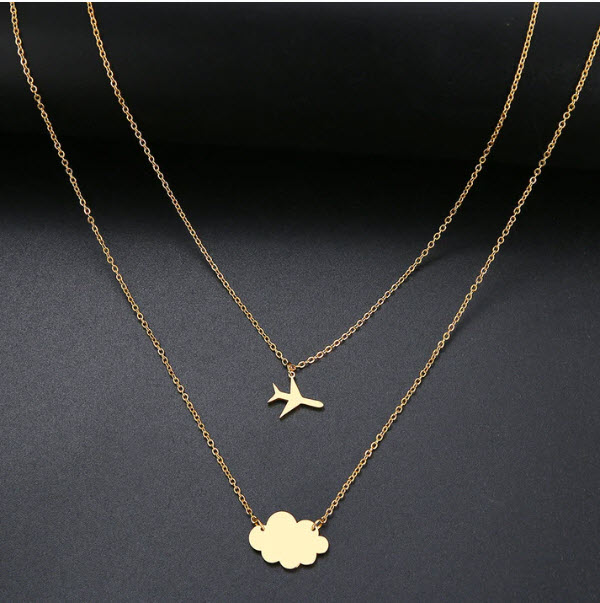 Stainless Steel Gold Cloud and Airplane Necklace